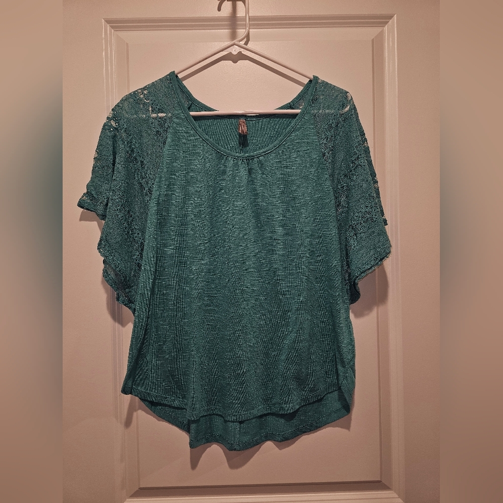 Elegant Teal Lace Sleeve Women's Top